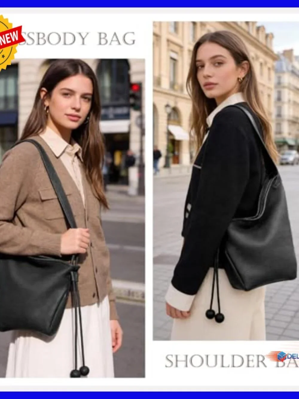Genuine Leather Hobo Tote Bag with Adjustable Crossbody Strap